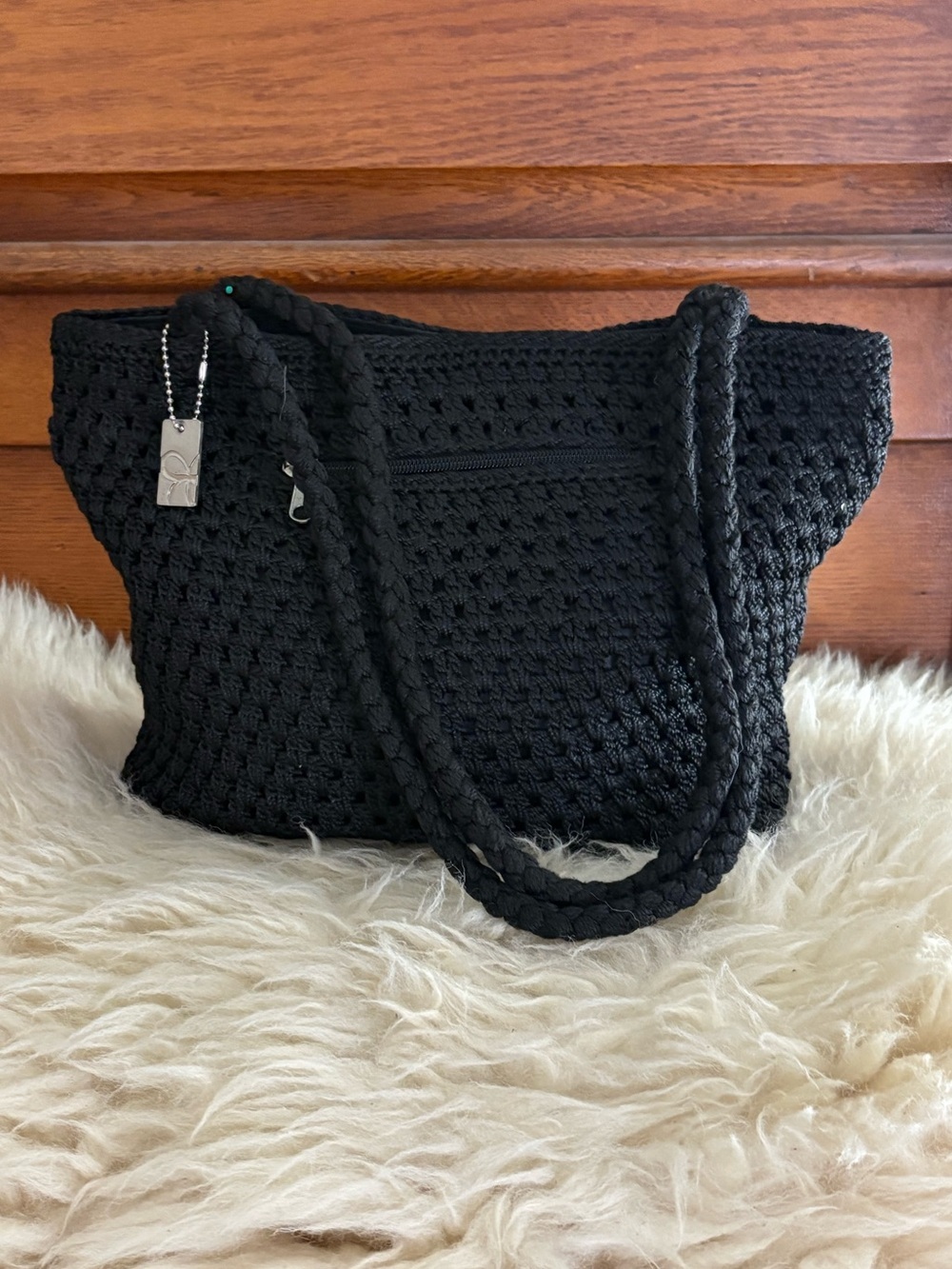 Lina Black Crochet Crossbody Zippered Bag